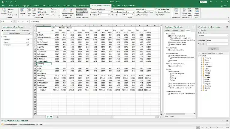 Screenshot of Essbase Excel integration showing financial data analysis and reporting.